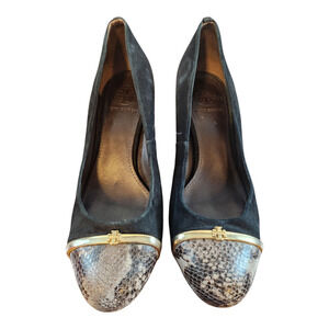 Tory Burch heels sz 8M Pacey black suede gold snake print cap leather pumps‎